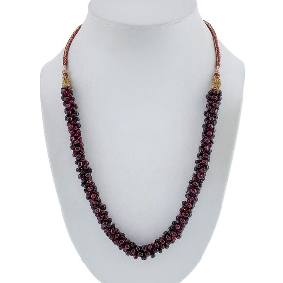 Red Garnet Golden Threaded Interwoven Rope Cluster Bead Necklace 28" - Picture 1 of 4